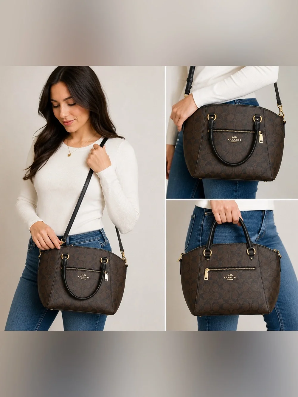 🩷. 9060. Coach Brown Signature Dome Satchel with Black Trim